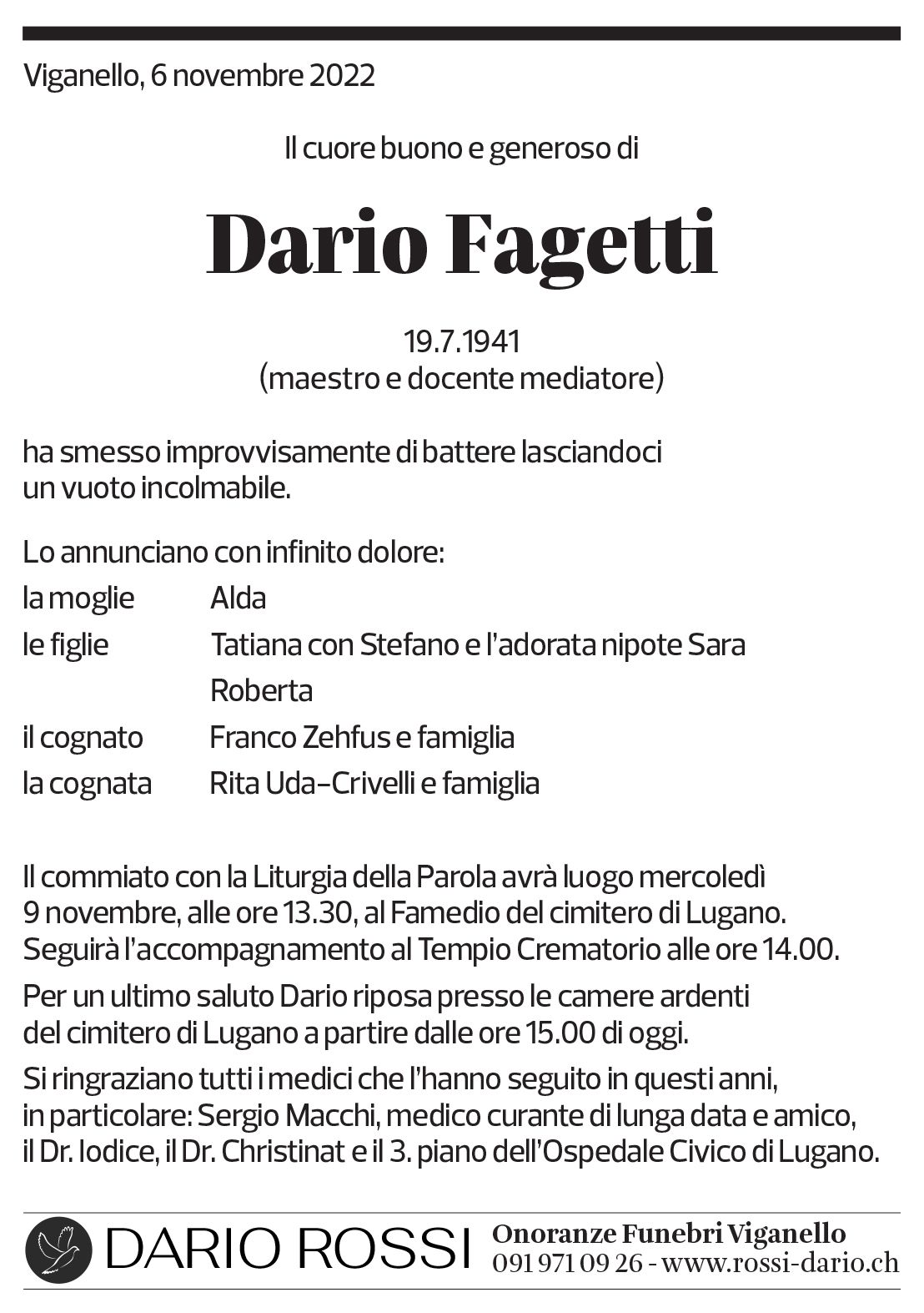 Annuncio funebre Dario Fagetti