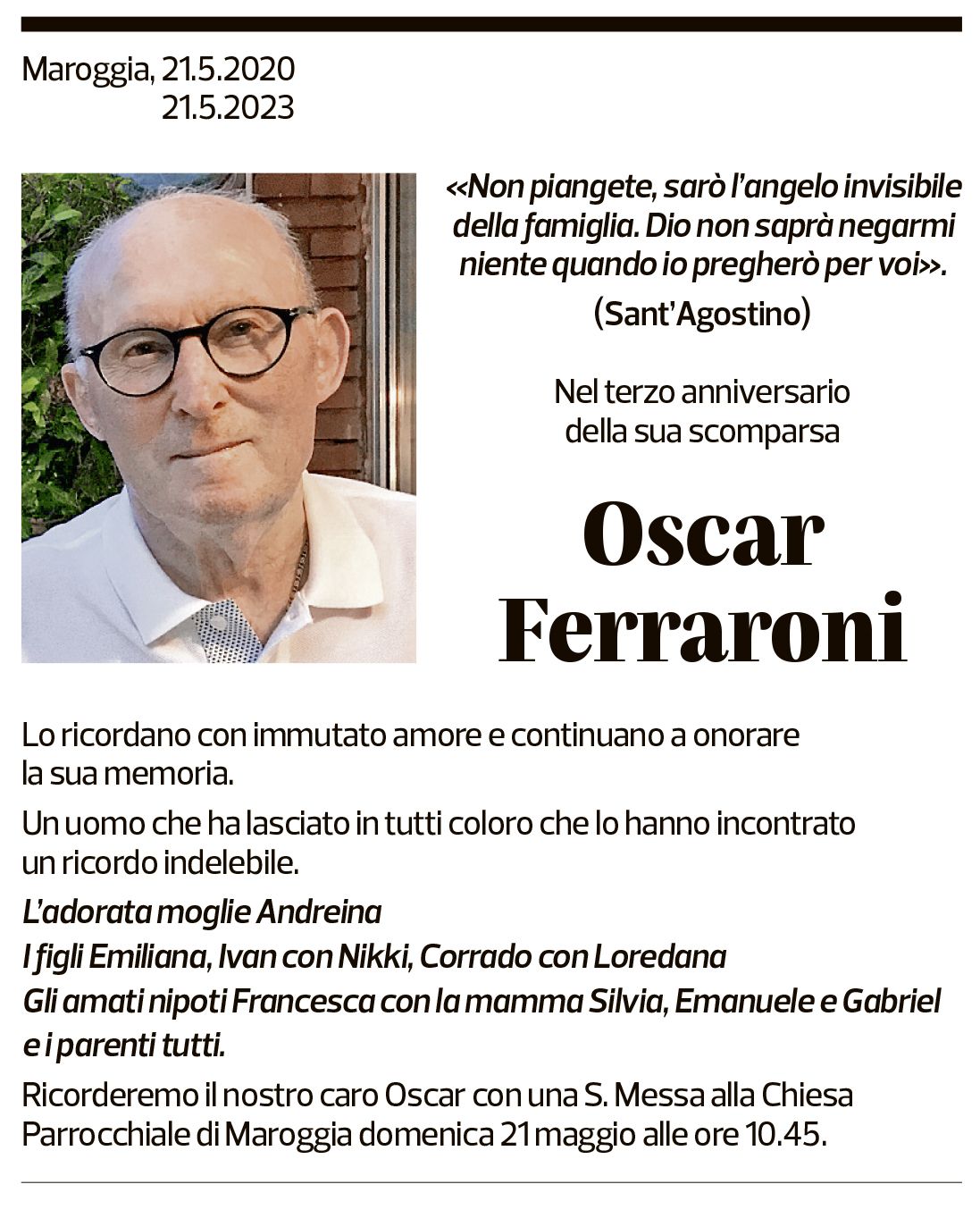 Annuncio funebre Oscar Ferraroni