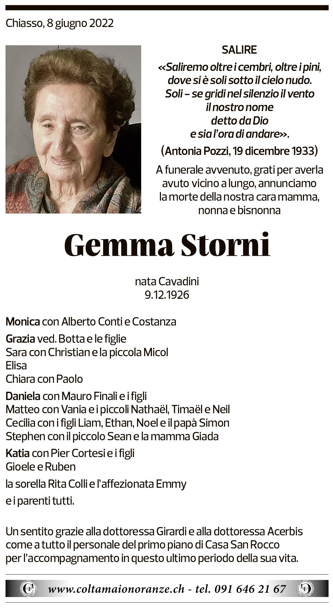 Annuncio funebre Gemma Storni