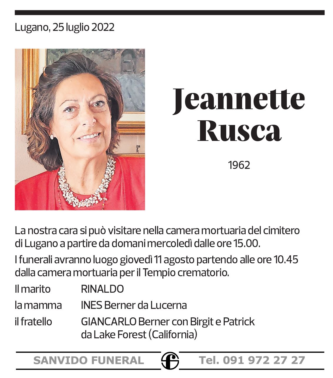 Annuncio funebre Jeannette Rusca