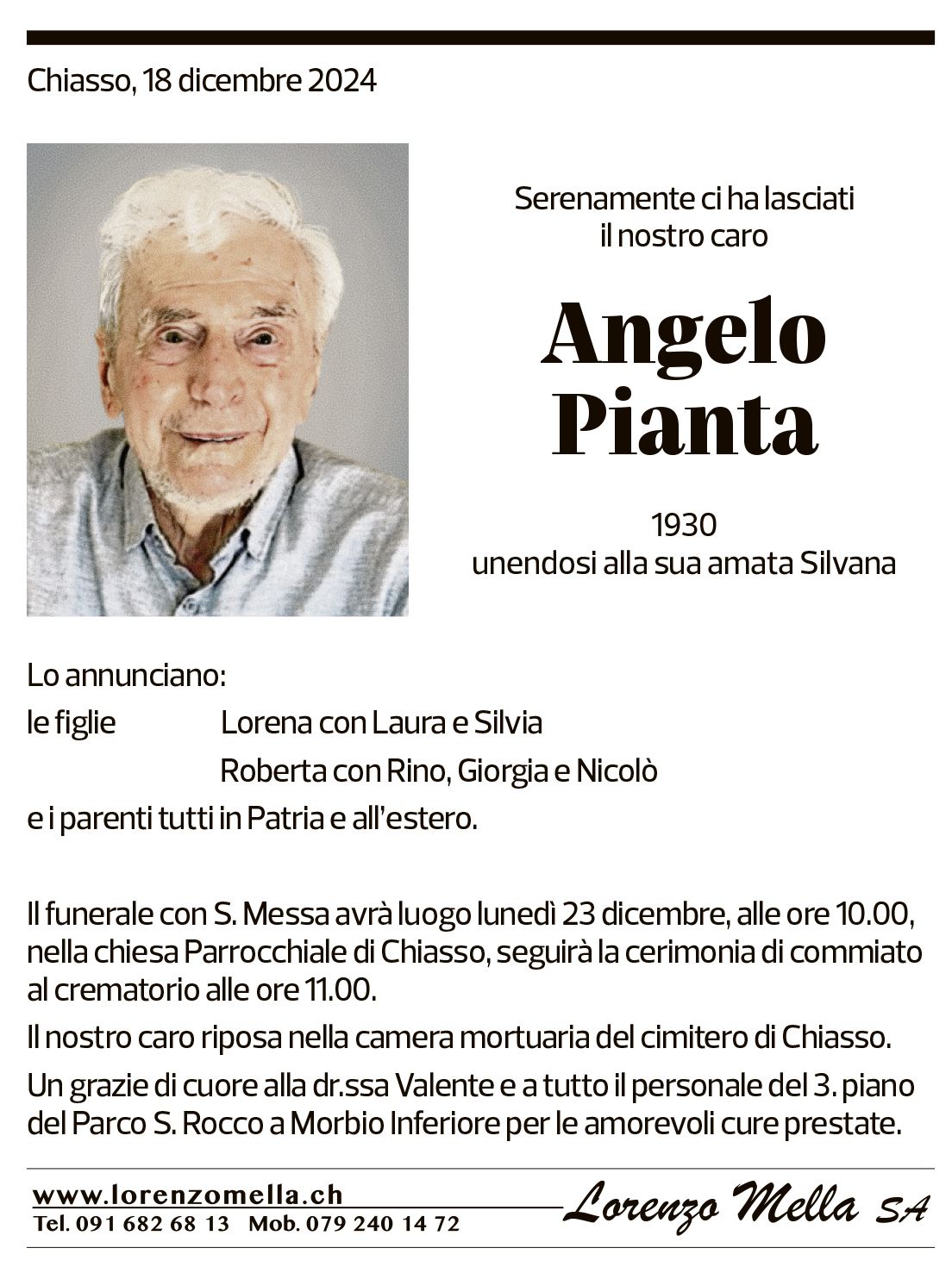 Annuncio funebre Angelo Pianta