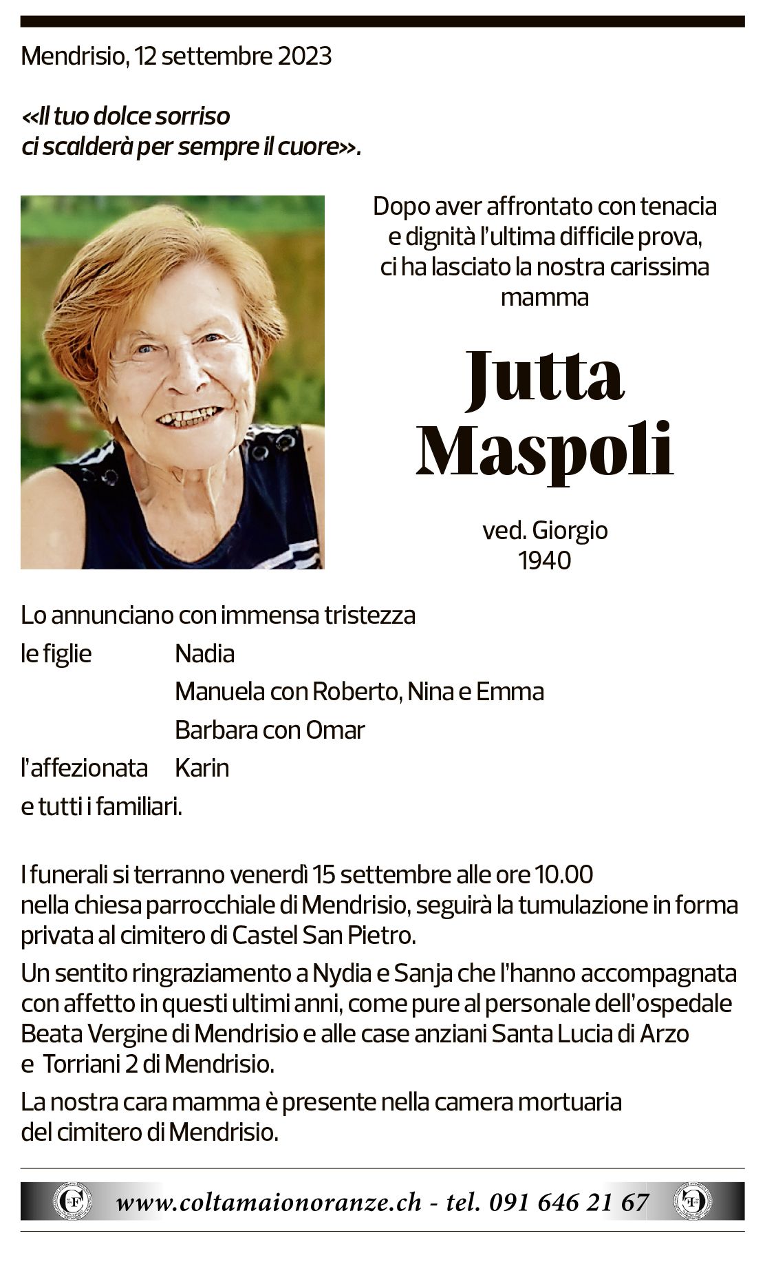 Annuncio funebre Jutta Maspoli