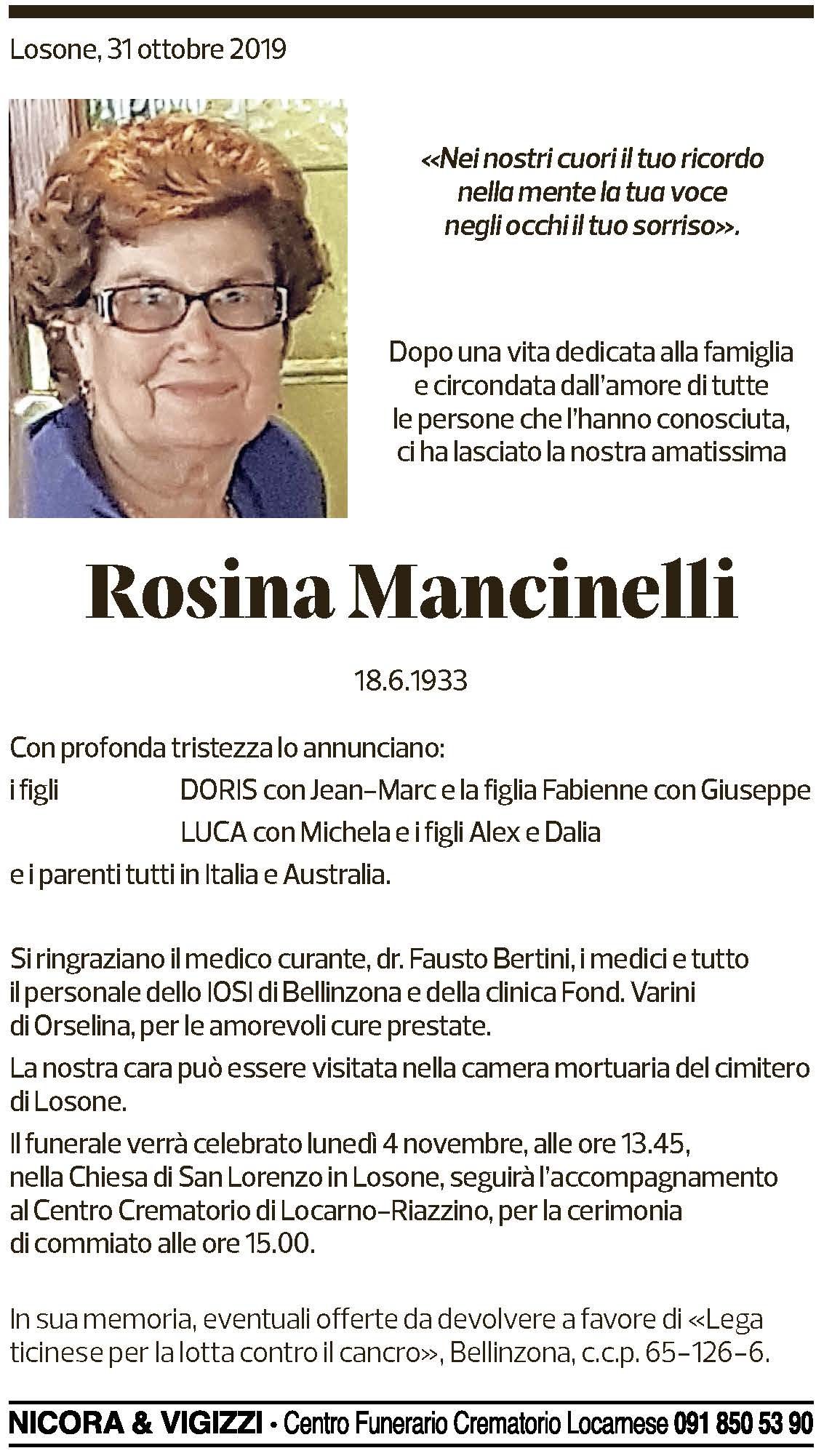 Annuncio funebre Rosina Mancinelli