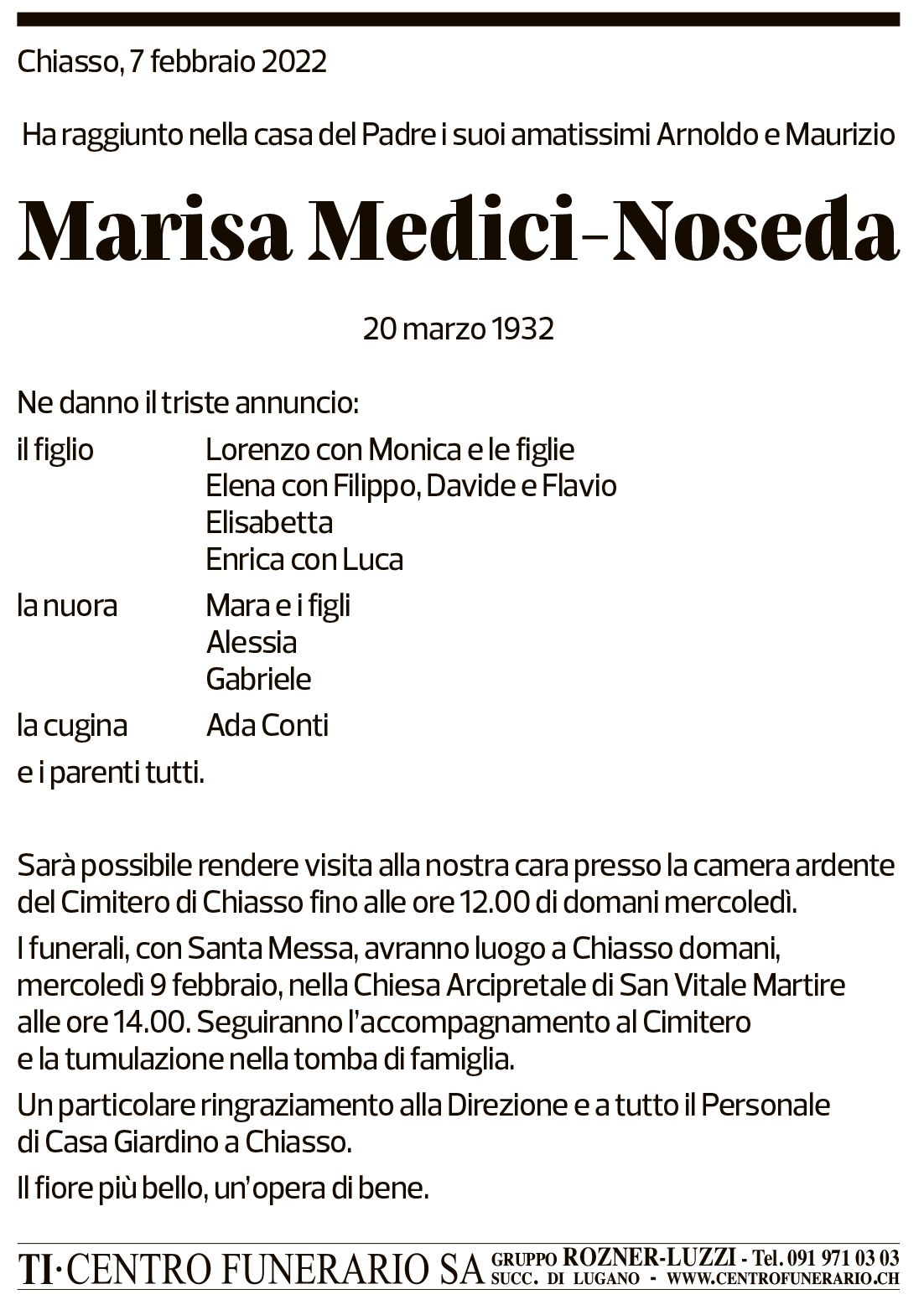 Annuncio funebre Marisa Medici-noseda