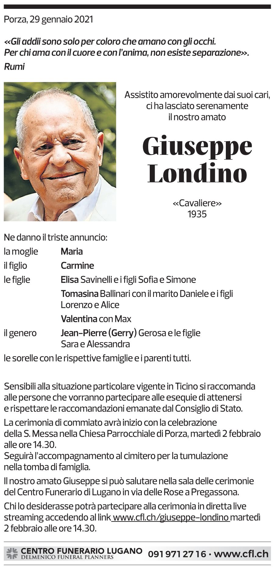 Annuncio funebre Giuseppe Londino