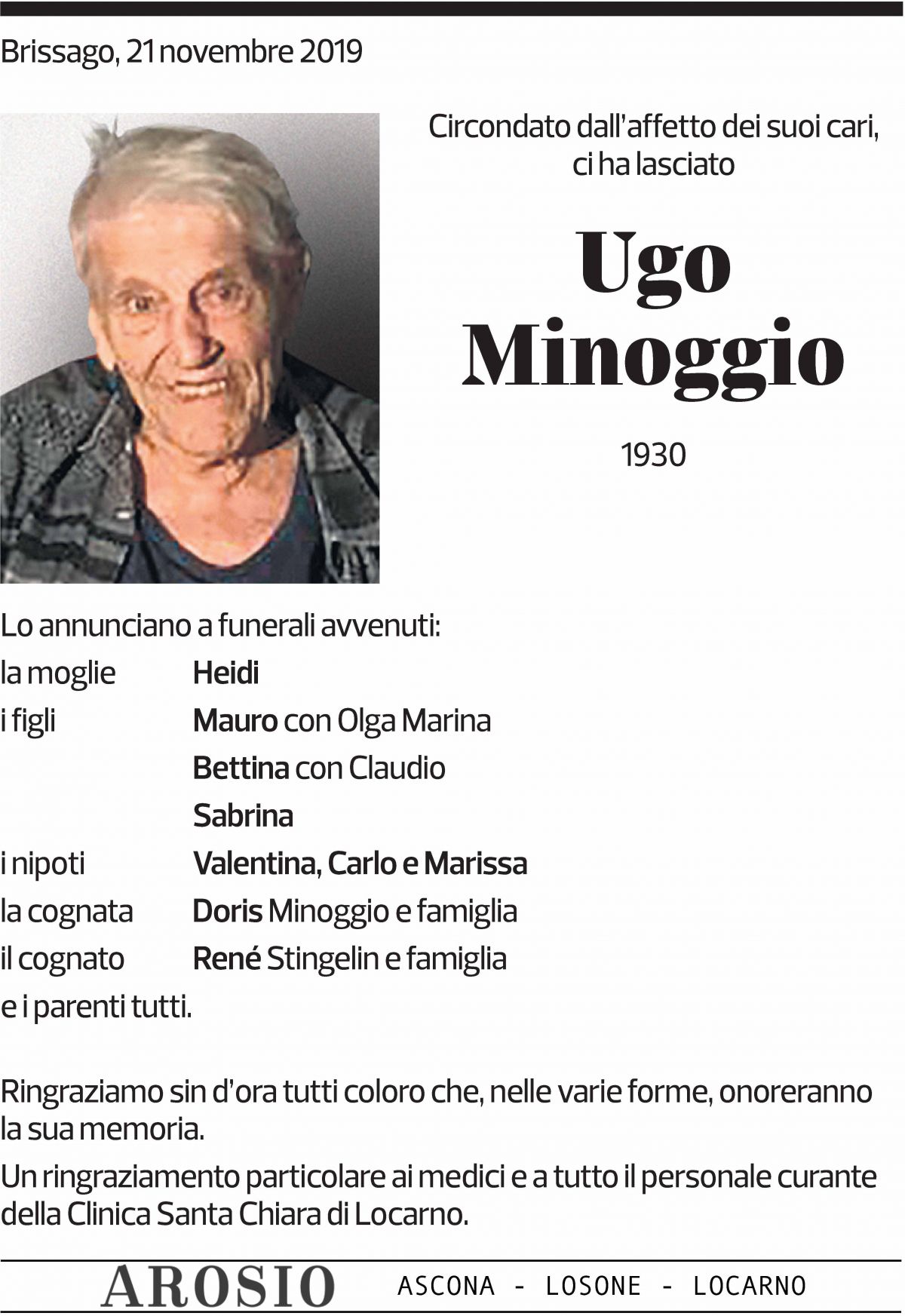 Annuncio funebre Ugo Minoggio