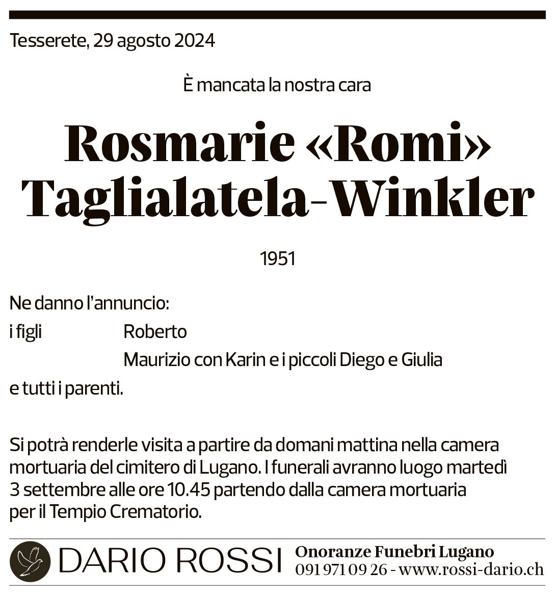 Annuncio funebre Rosmarie Taglialatela-winkler