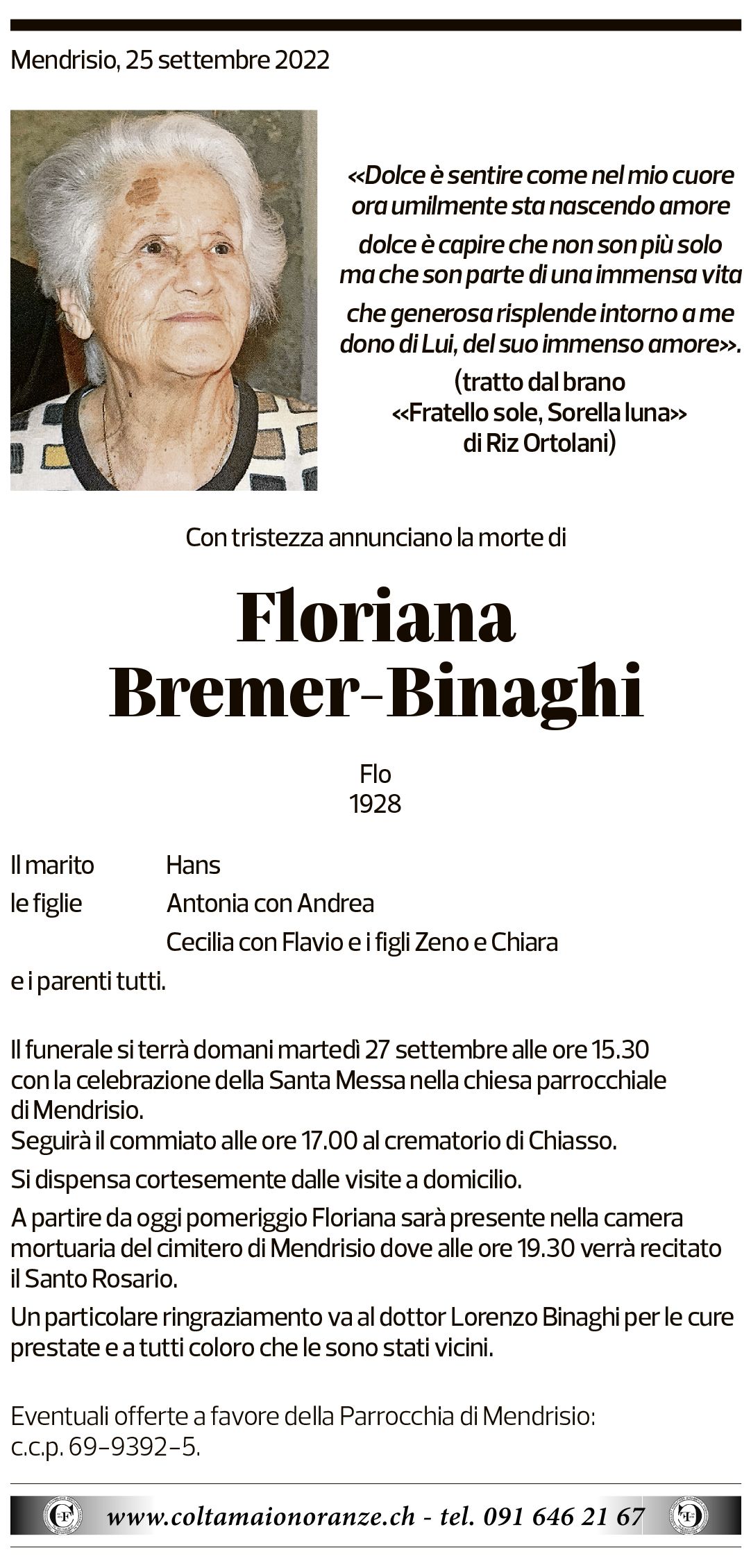 Annuncio funebre Floriana Bremer-binaghi