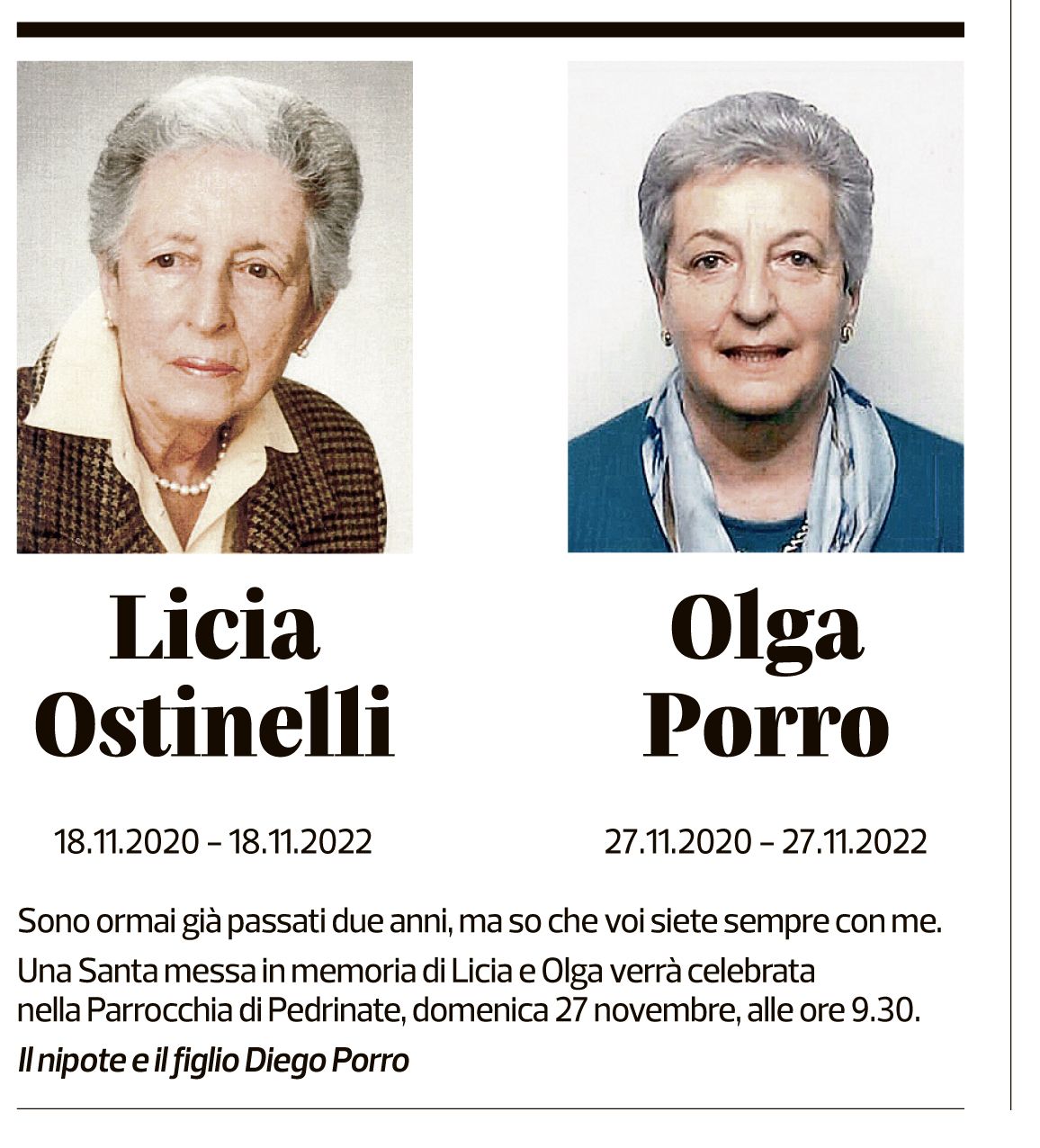 Annuncio funebre Licia Ostinelli Olga Porro