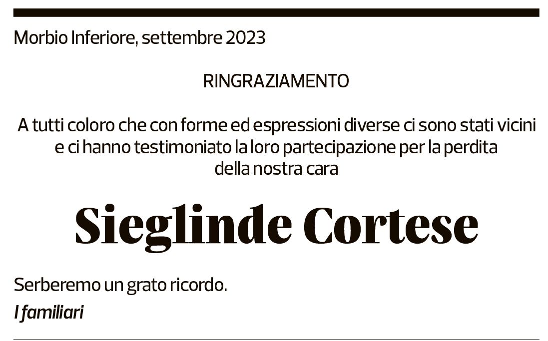 Annuncio funebre Sieglinde Cortese