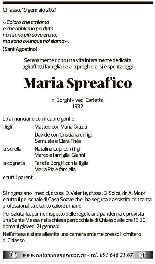 Annuncio funebre Maria Spreafico