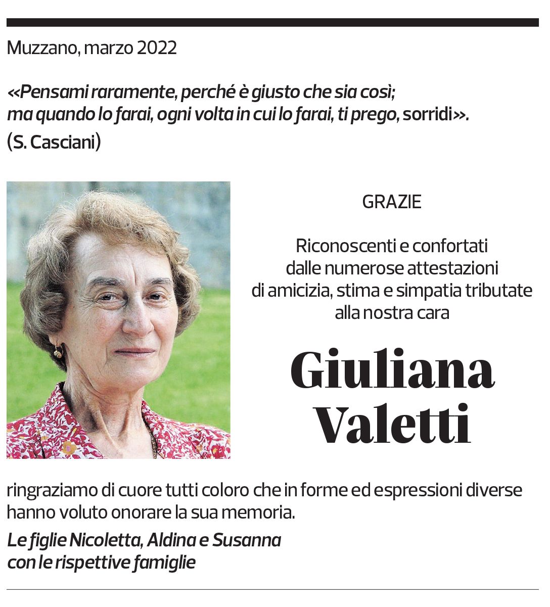 Annuncio funebre Giuliana Valetti