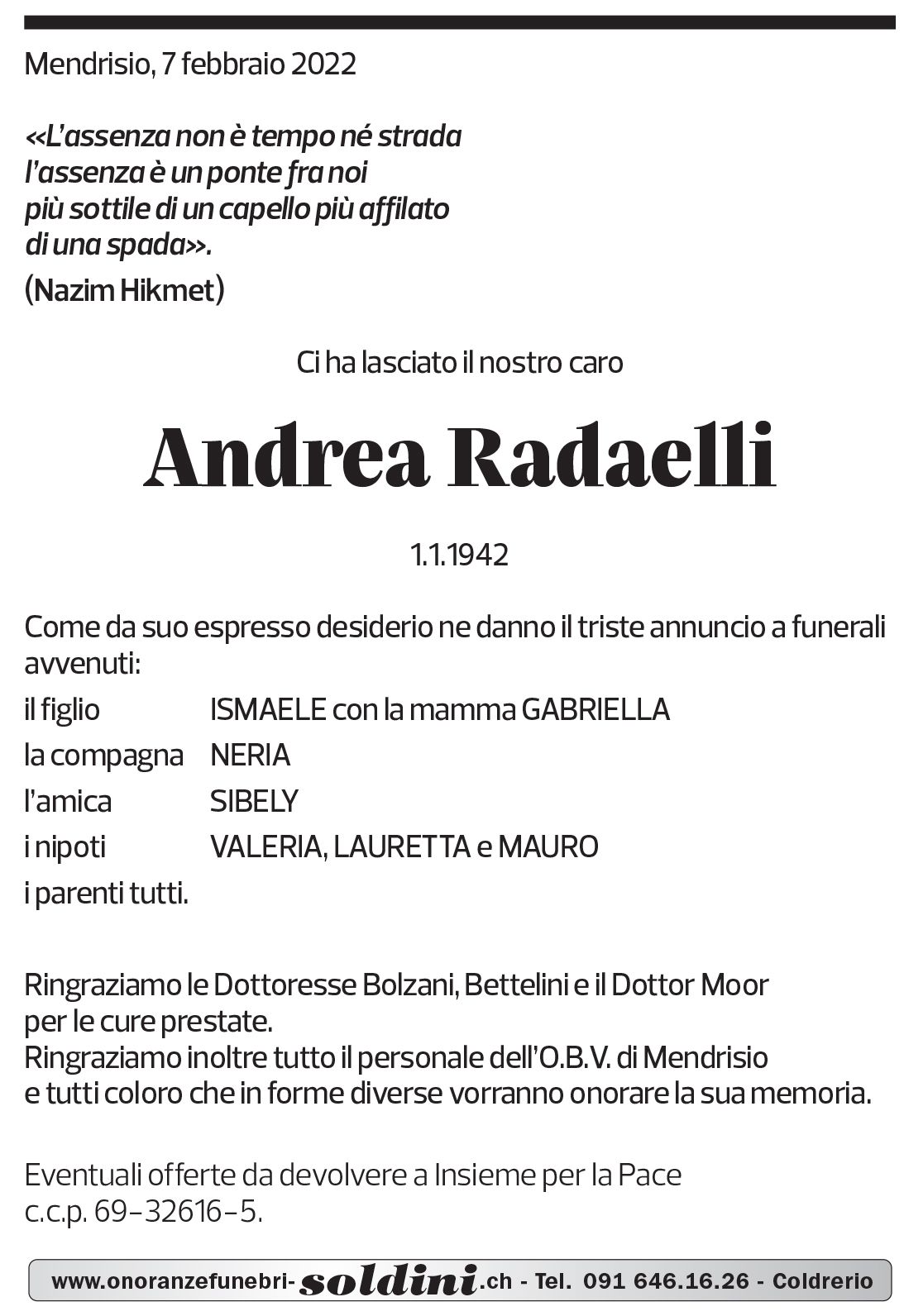 Annuncio funebre Andrea Radaelli