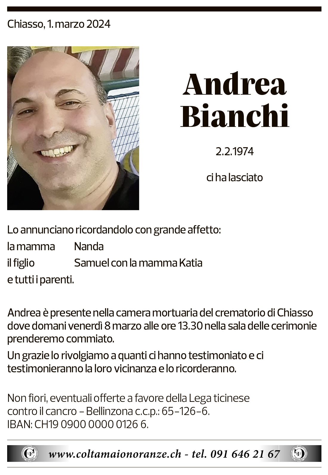 Annuncio funebre Andrea Bianchi