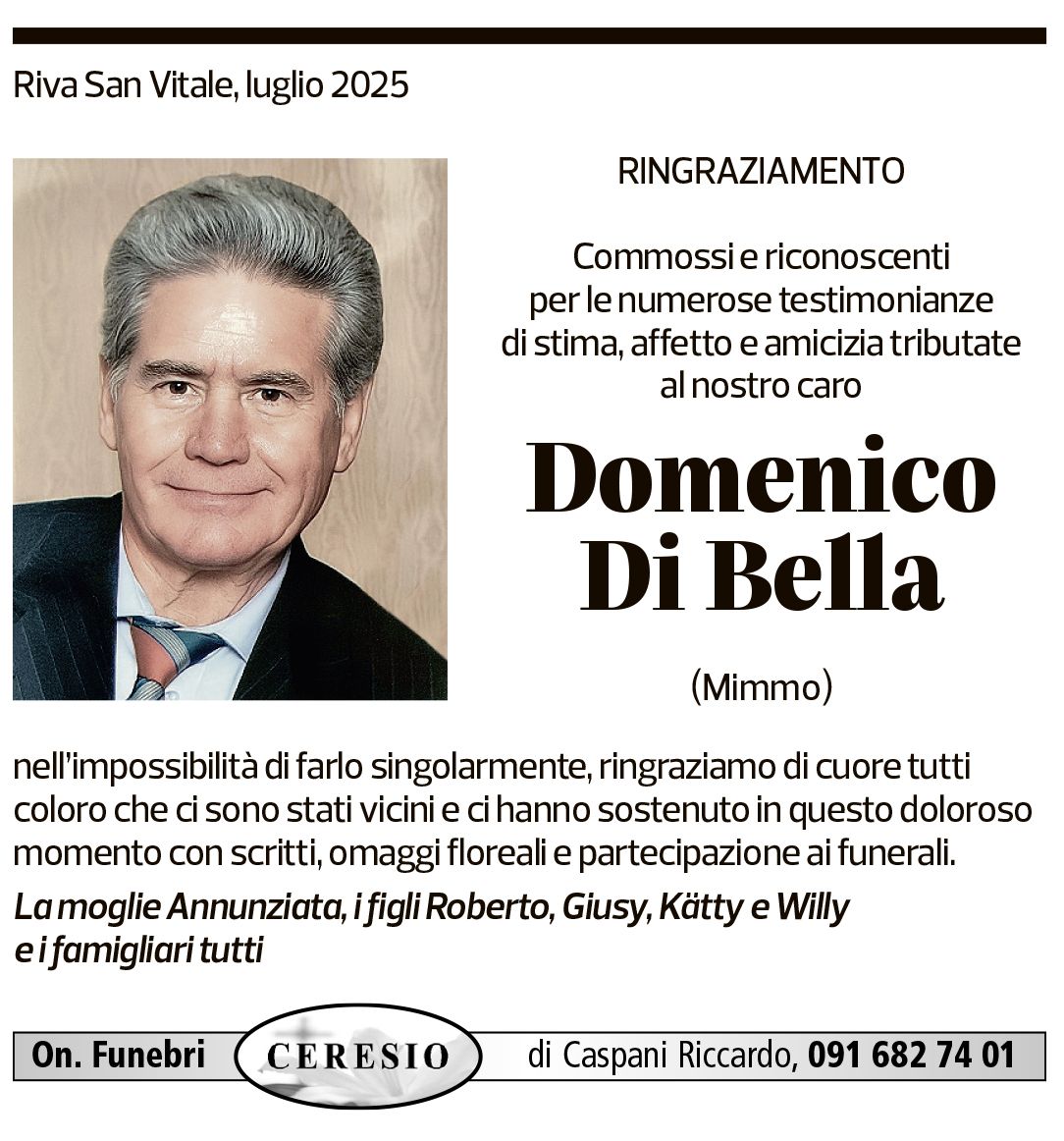 Annuncio funebre Domenico Di Bella