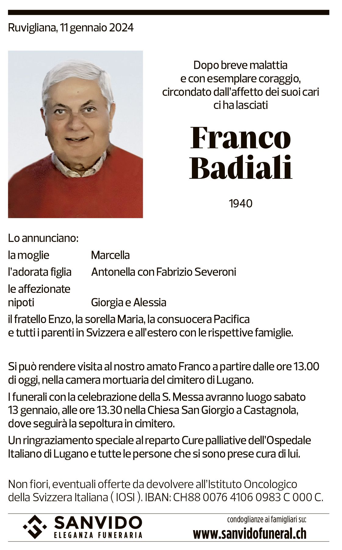 Annuncio funebre Franco Badiali