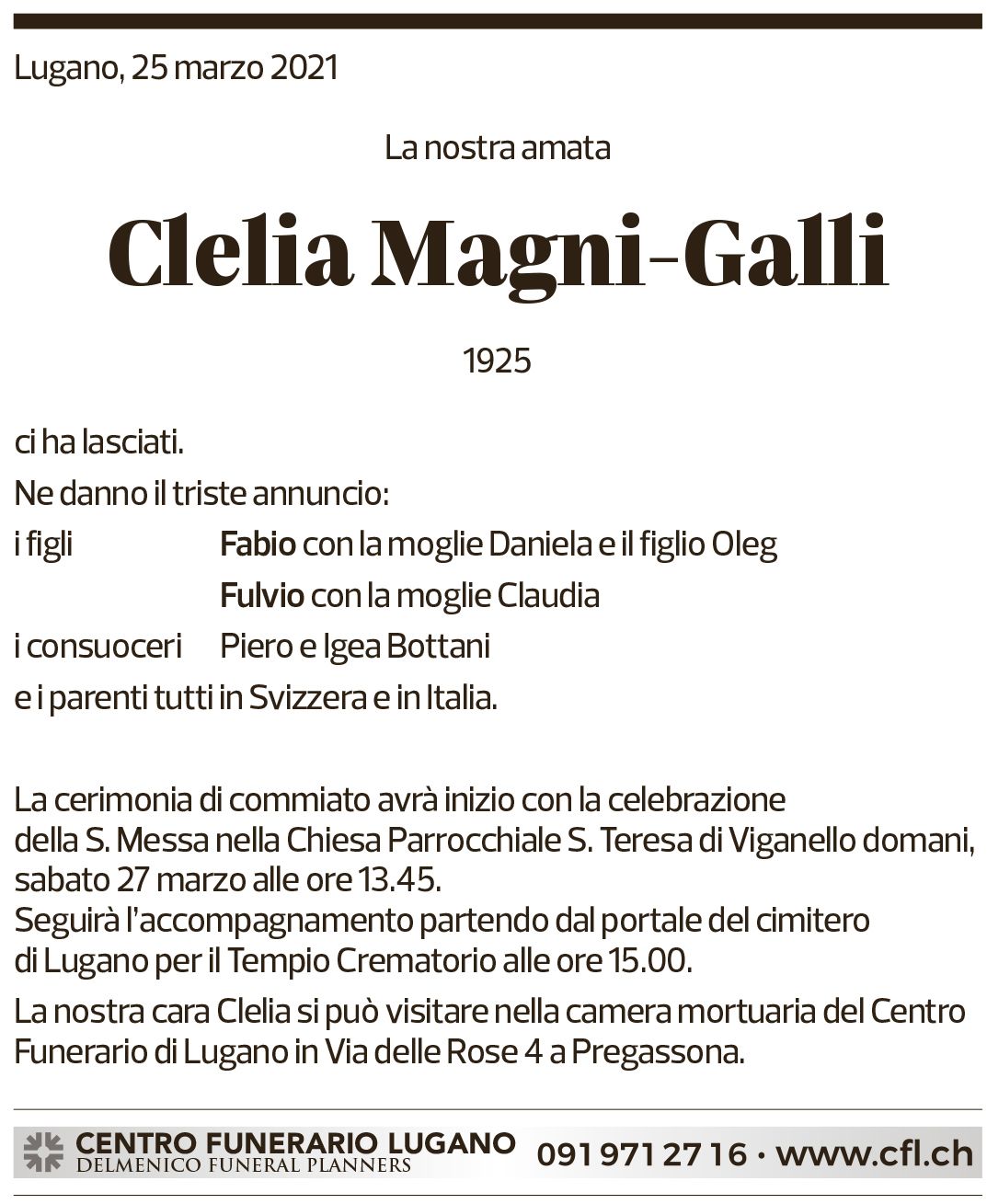 Annuncio funebre Clelia Magni-galli