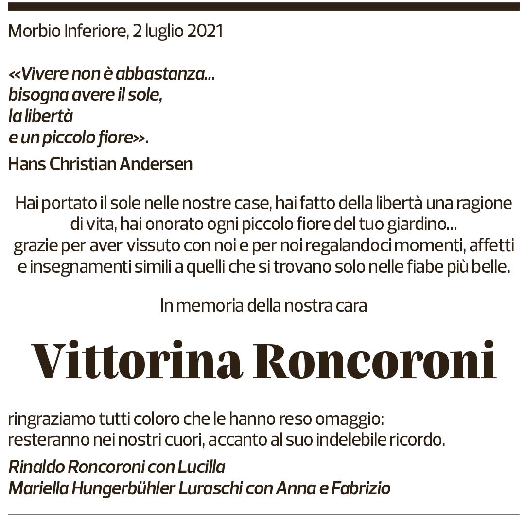 Annuncio funebre Vittorina Roncoroni