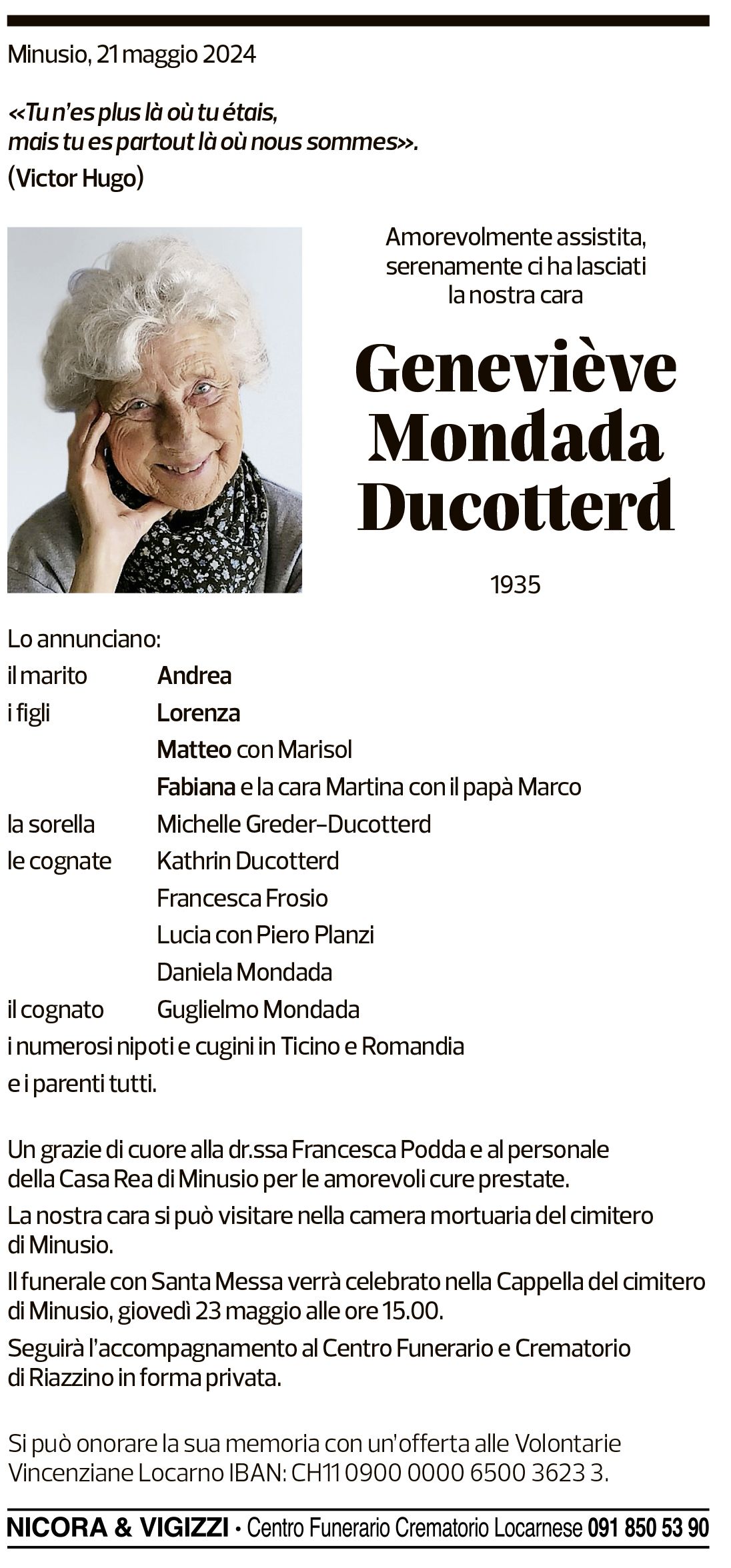 Annuncio funebre Geneviève Mondada Ducotterd