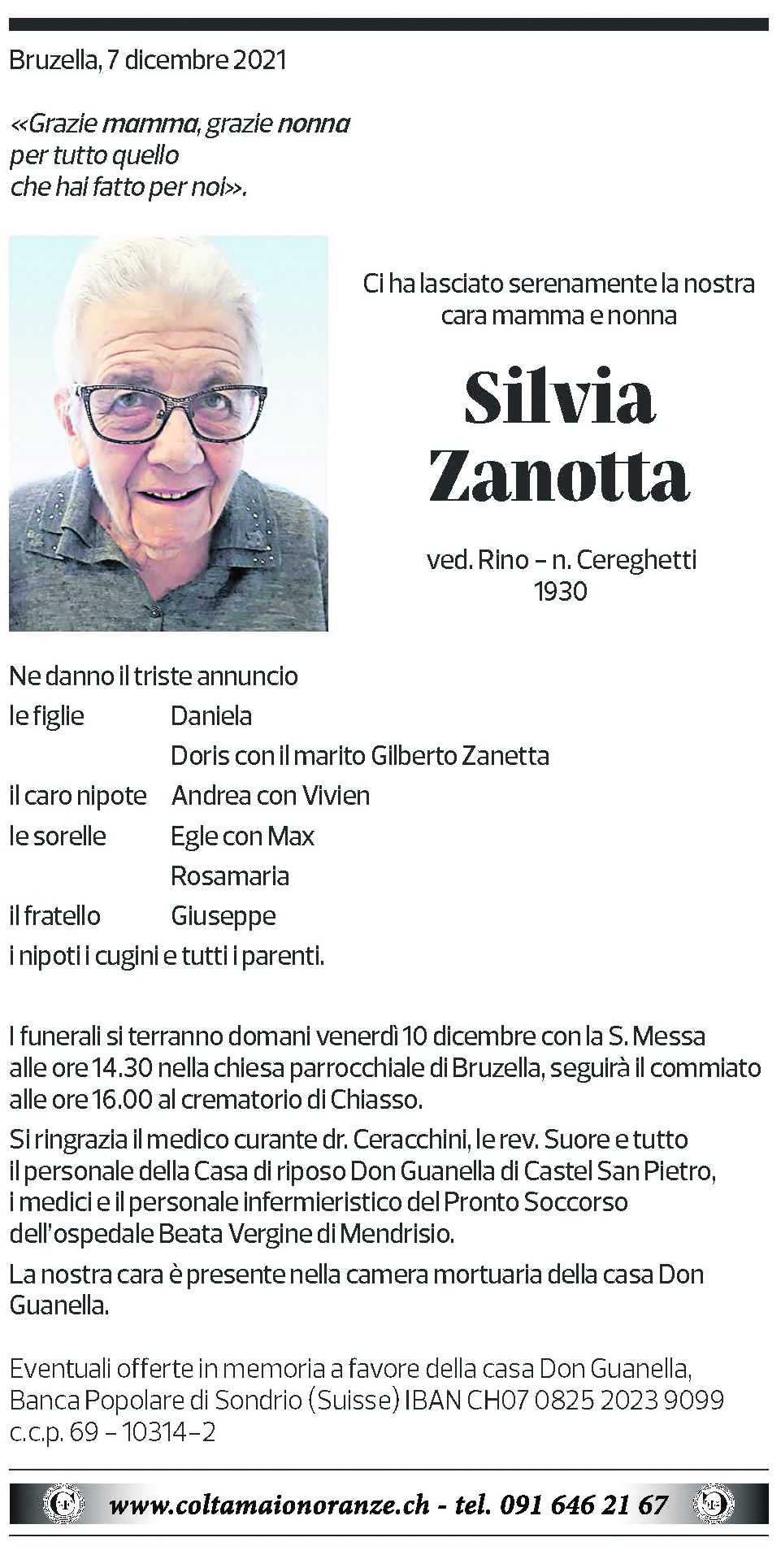 Annuncio funebre Silvia Zanotta