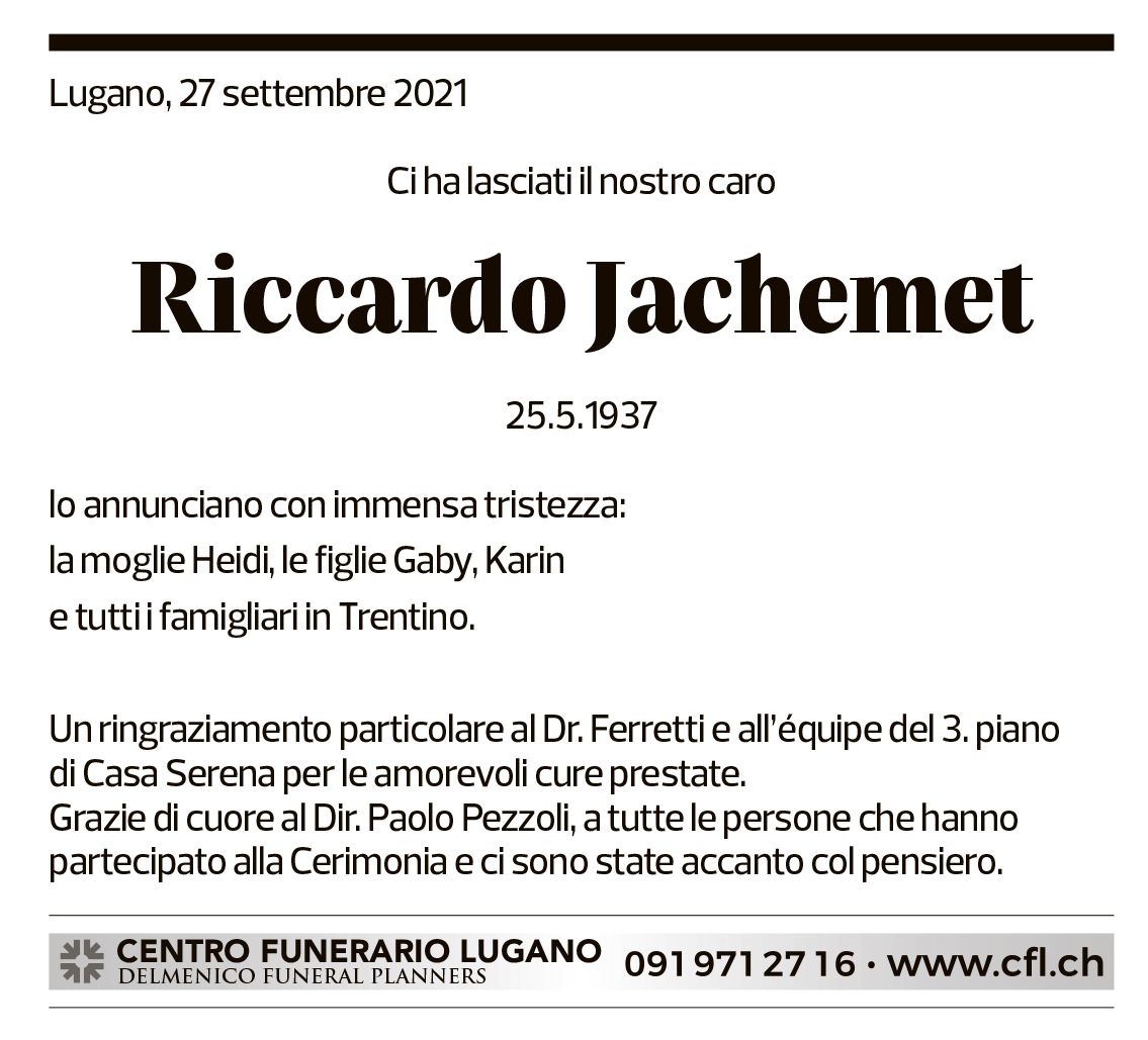 Annuncio funebre Riccardo Jachemet