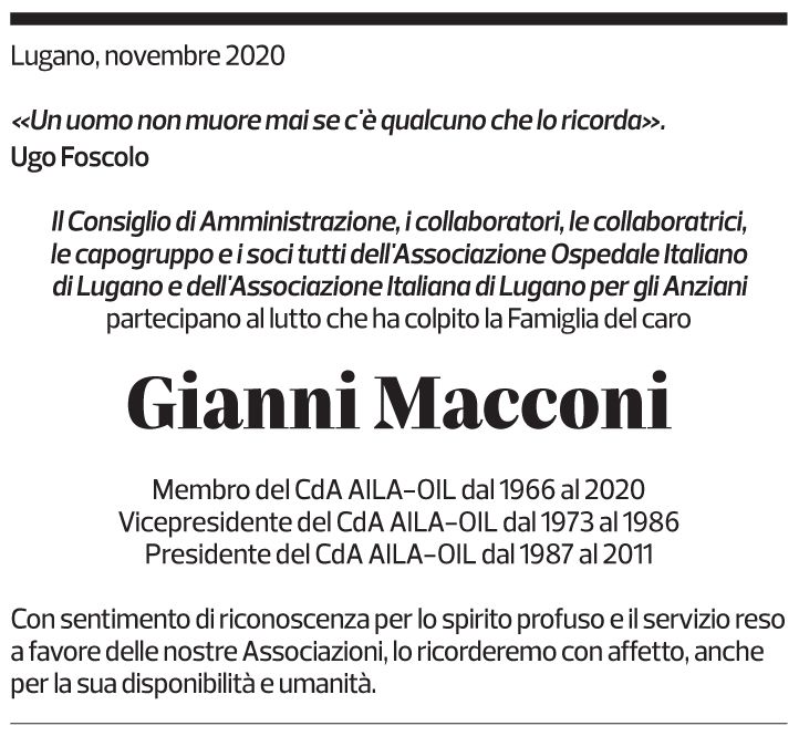 Annuncio funebre Gianni Macconi