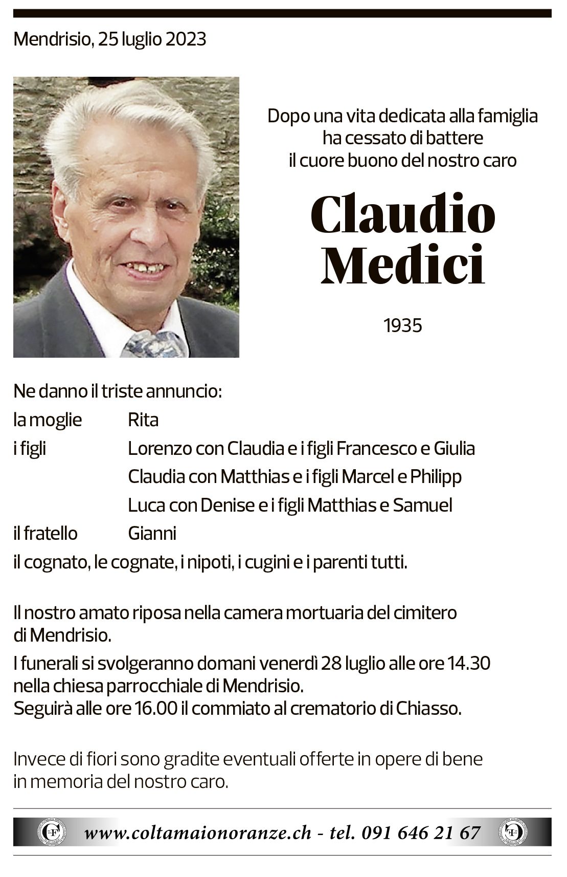 Annuncio funebre Claudio Medici