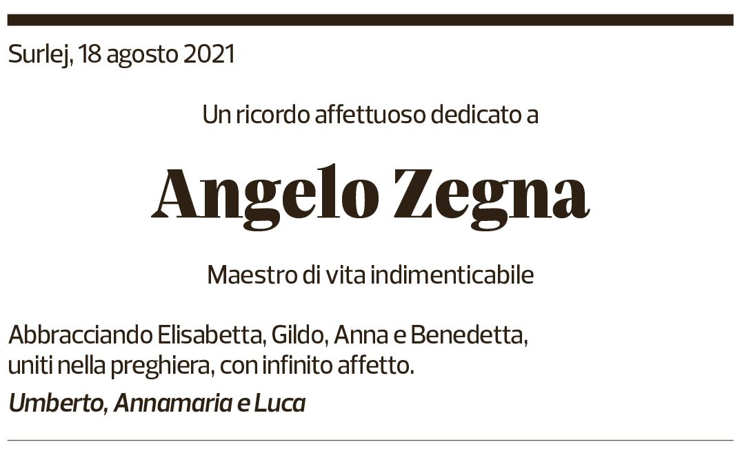 Annuncio funebre Angelo Zegna