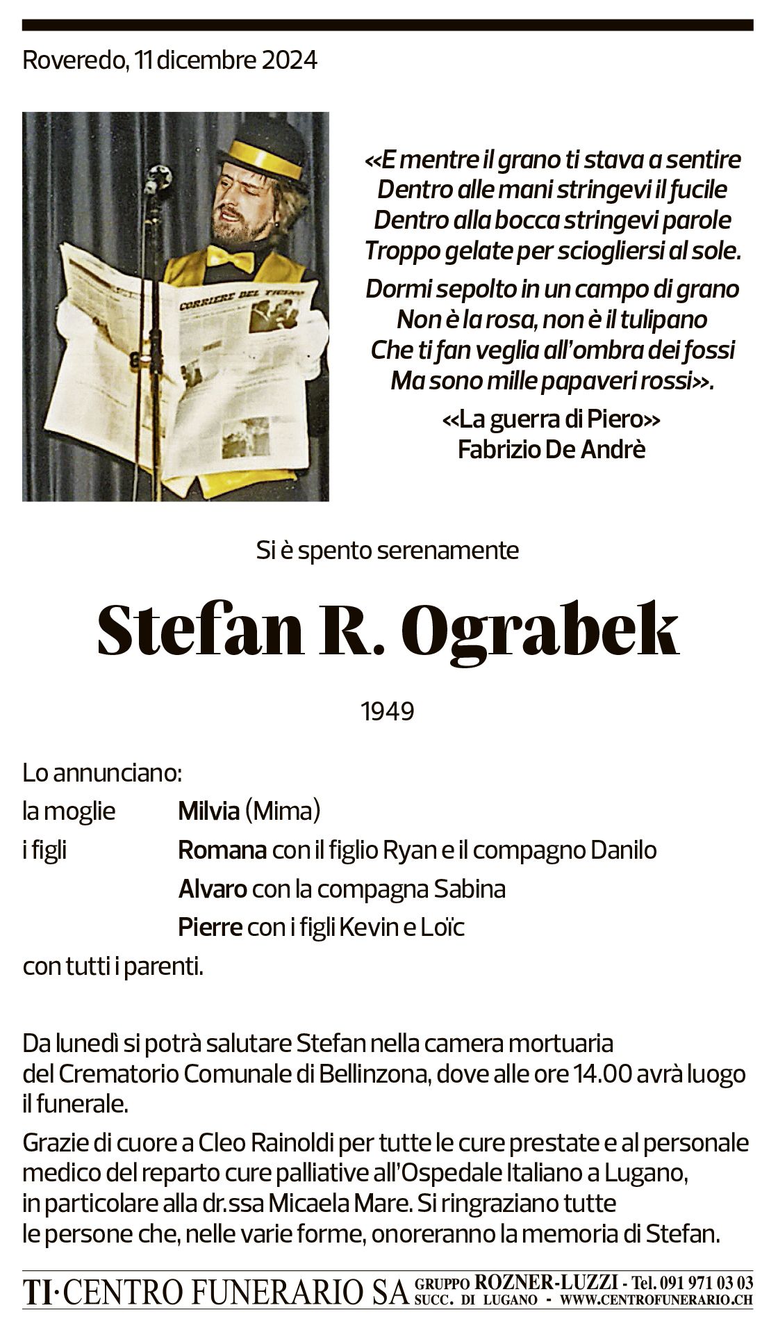 Annuncio funebre Stefan R. Ograbek