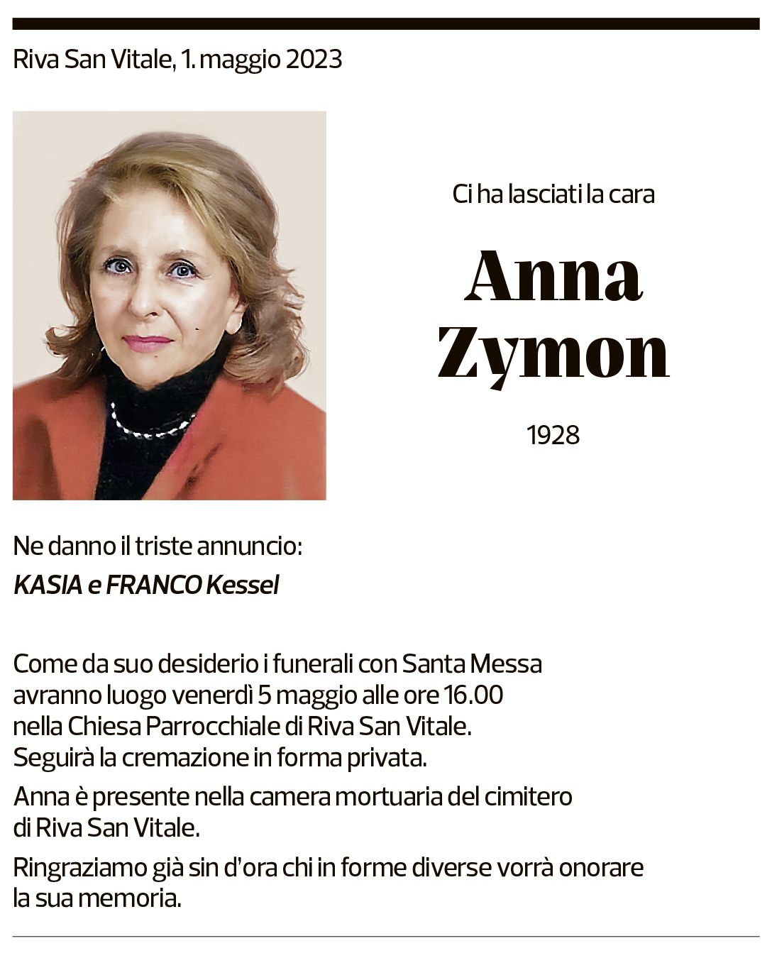 Annuncio funebre Anna Zymon
