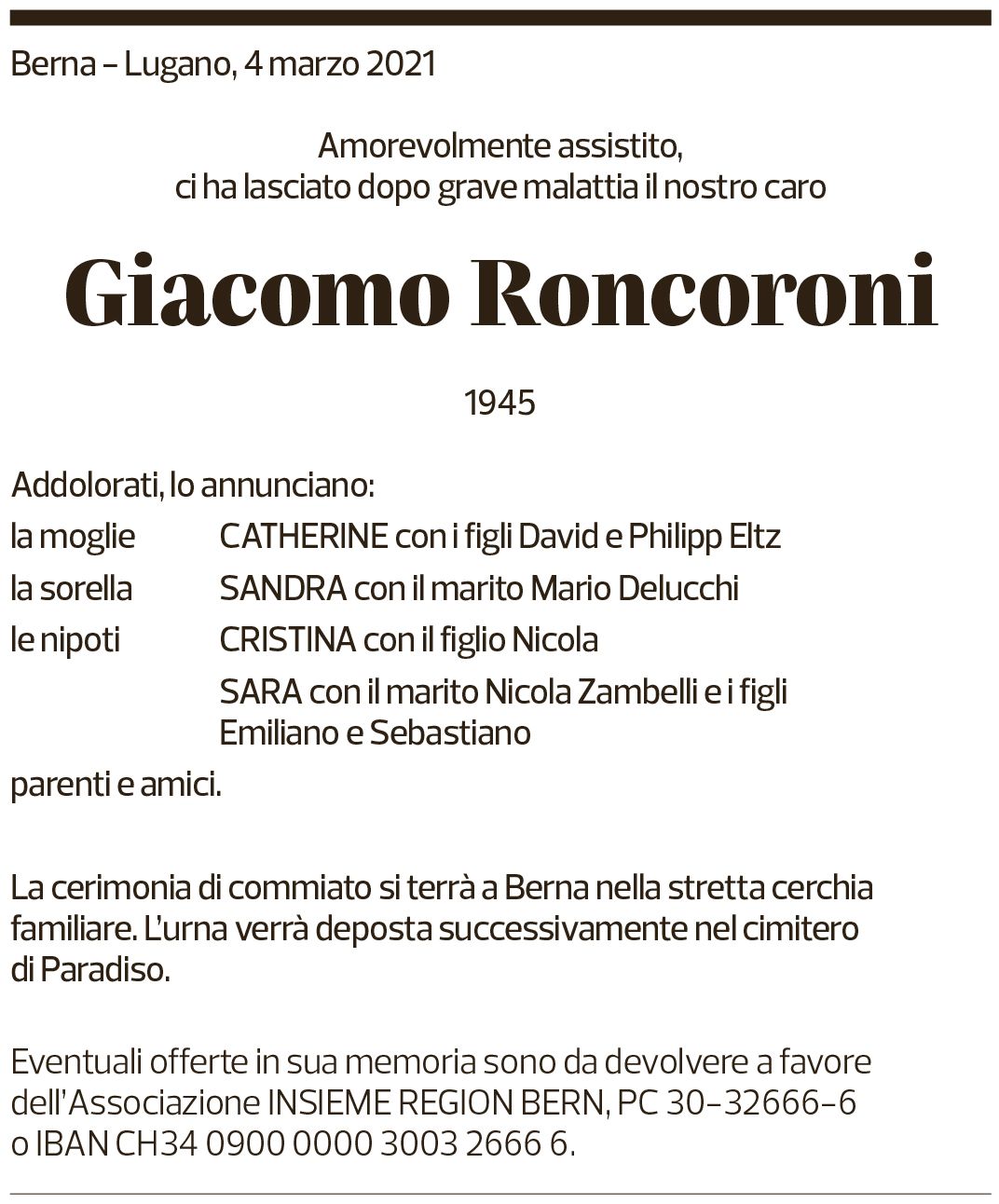 Annuncio funebre Giacomo Roncoroni