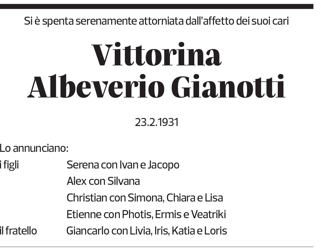 Annuncio funebre Vittorina Albeverio Gianotti