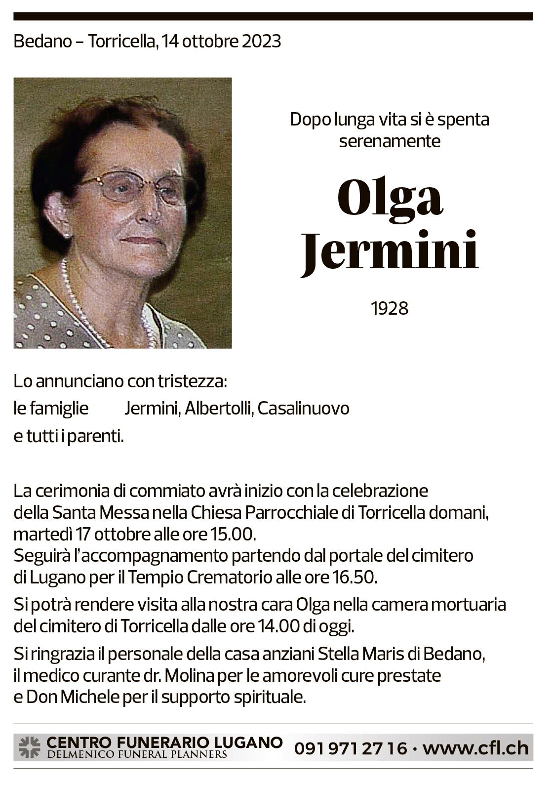 Annuncio funebre Olga Jermini