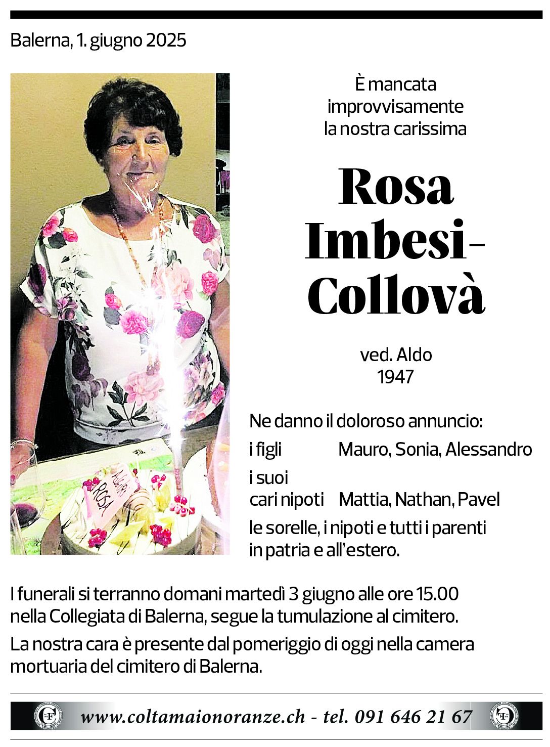 Annuncio funebre Rosa Imbesi-collovà
