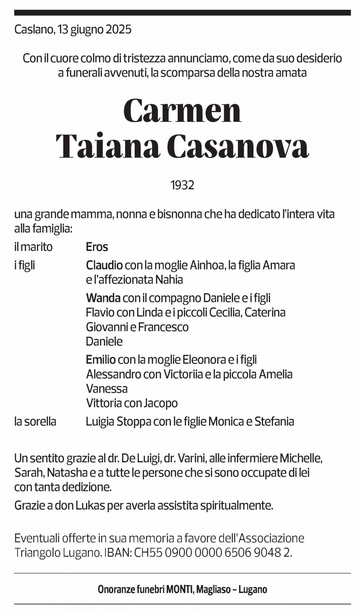 Annuncio funebre Carmen Taiana Casanova
