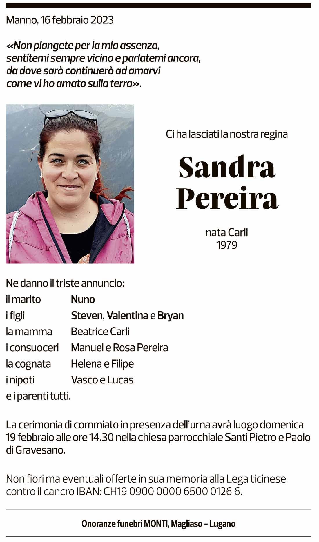 Annuncio funebre Sandra Pereira