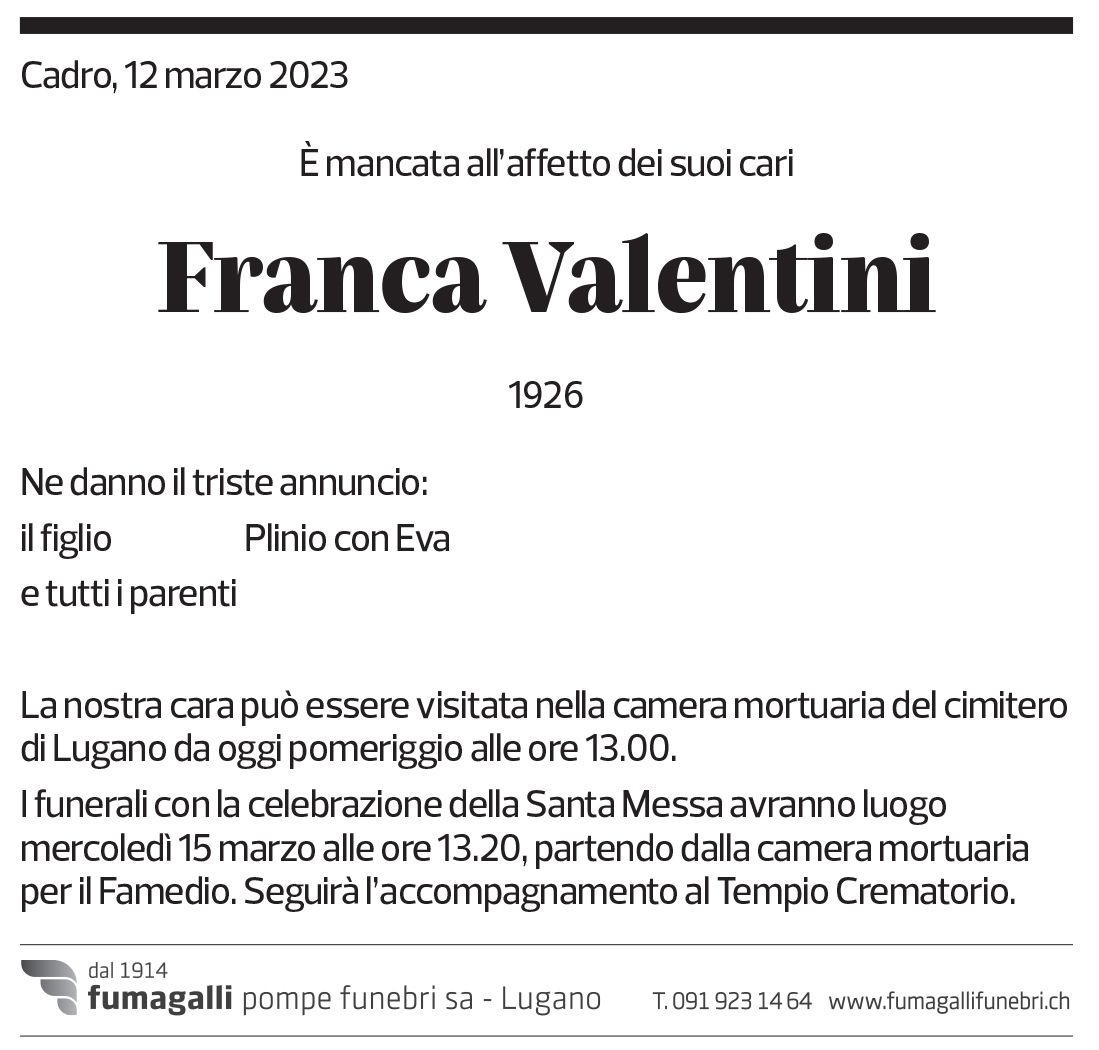 Annuncio funebre Franca Valentini