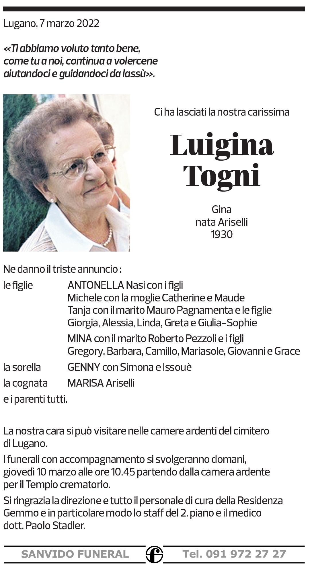 Annuncio funebre Luigina Togni