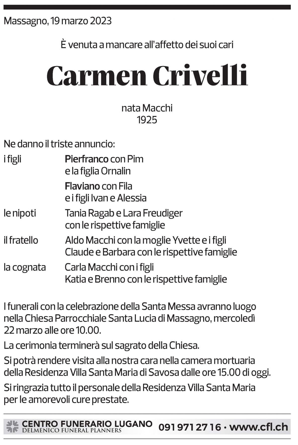 Annuncio funebre Carmen Crivelli