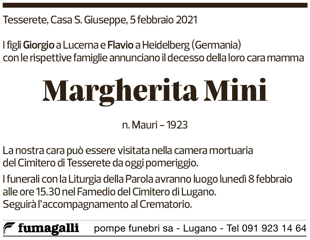 Annuncio funebre Margherita Mini