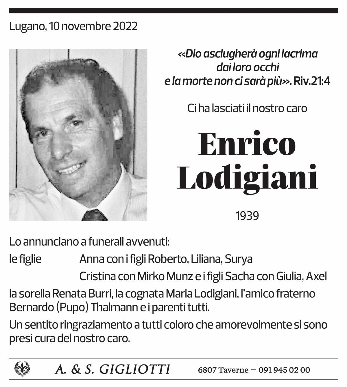 Annuncio funebre Enrico Lodigiani