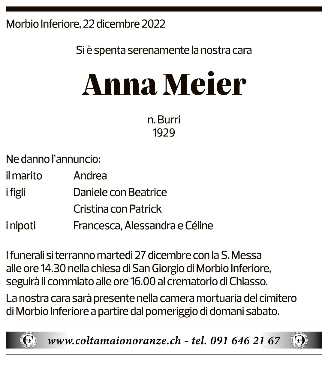 Annuncio funebre Anna Meier