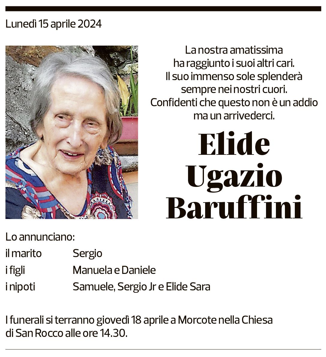 Annuncio funebre Elide Ugazio Baruffini