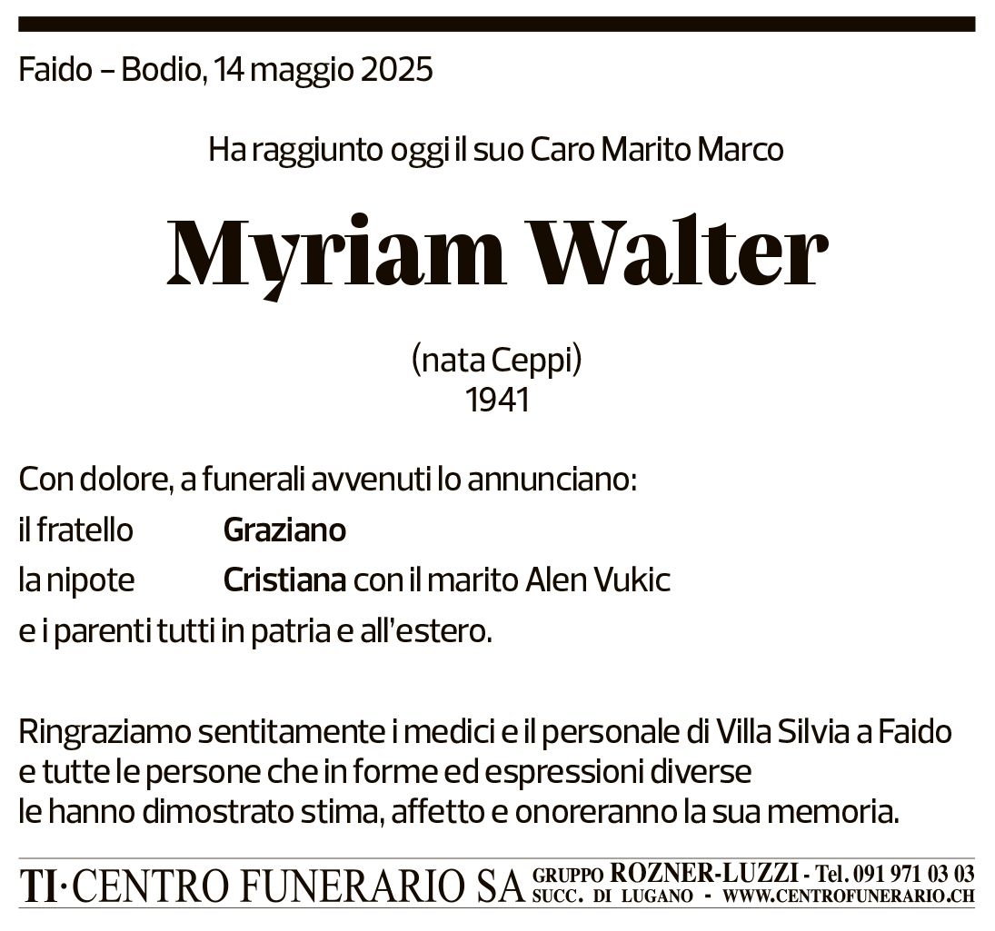 Annuncio funebre Myriam Walter
