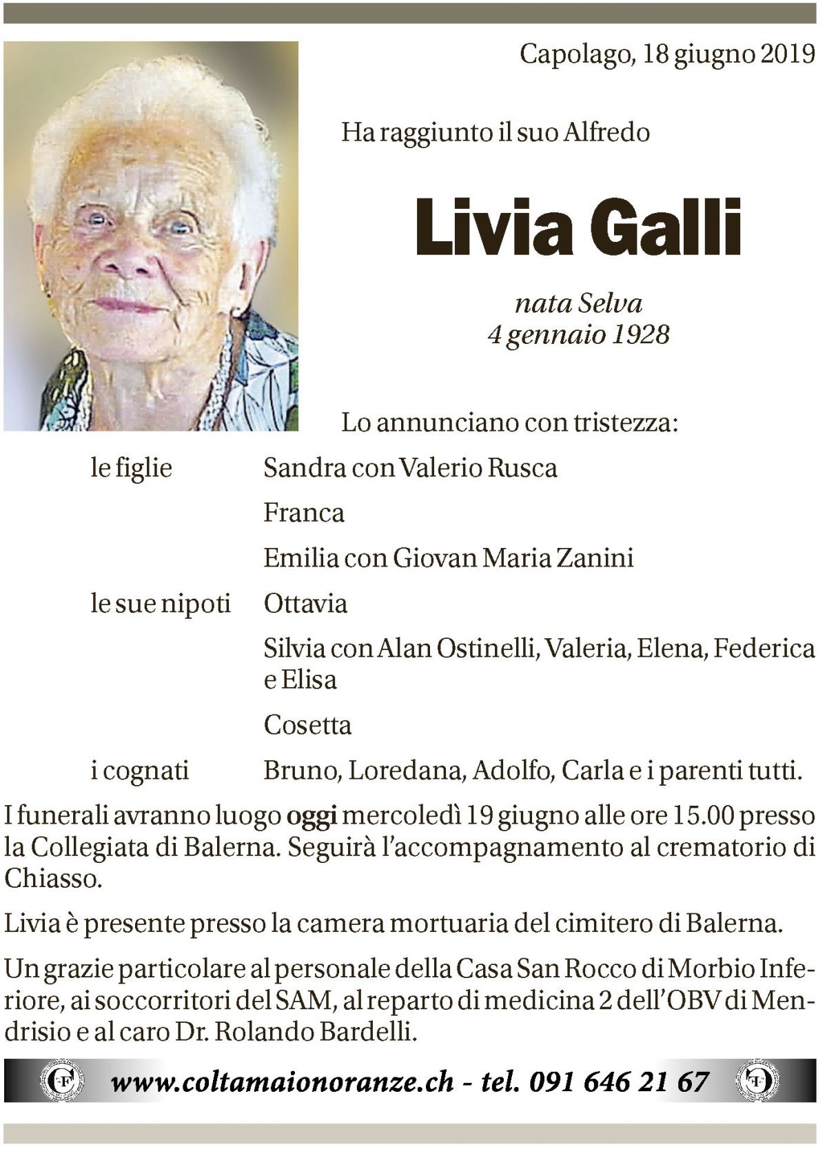 Annuncio funebre Livia Galli
