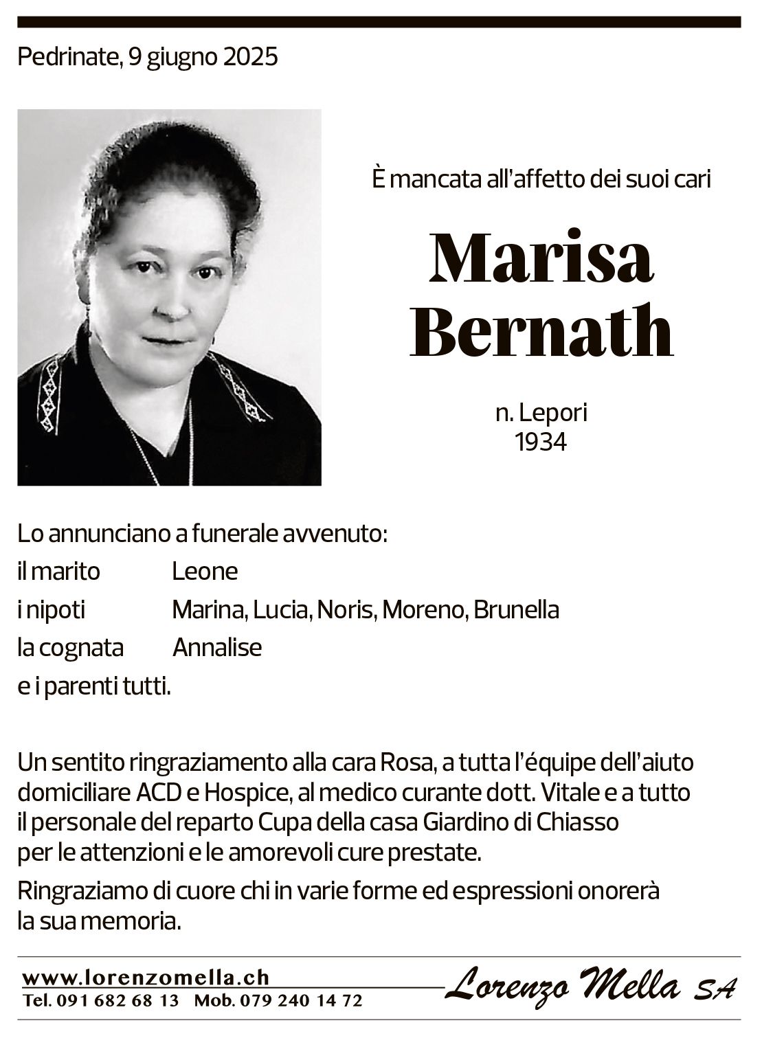 Annuncio funebre Marisa Bernath