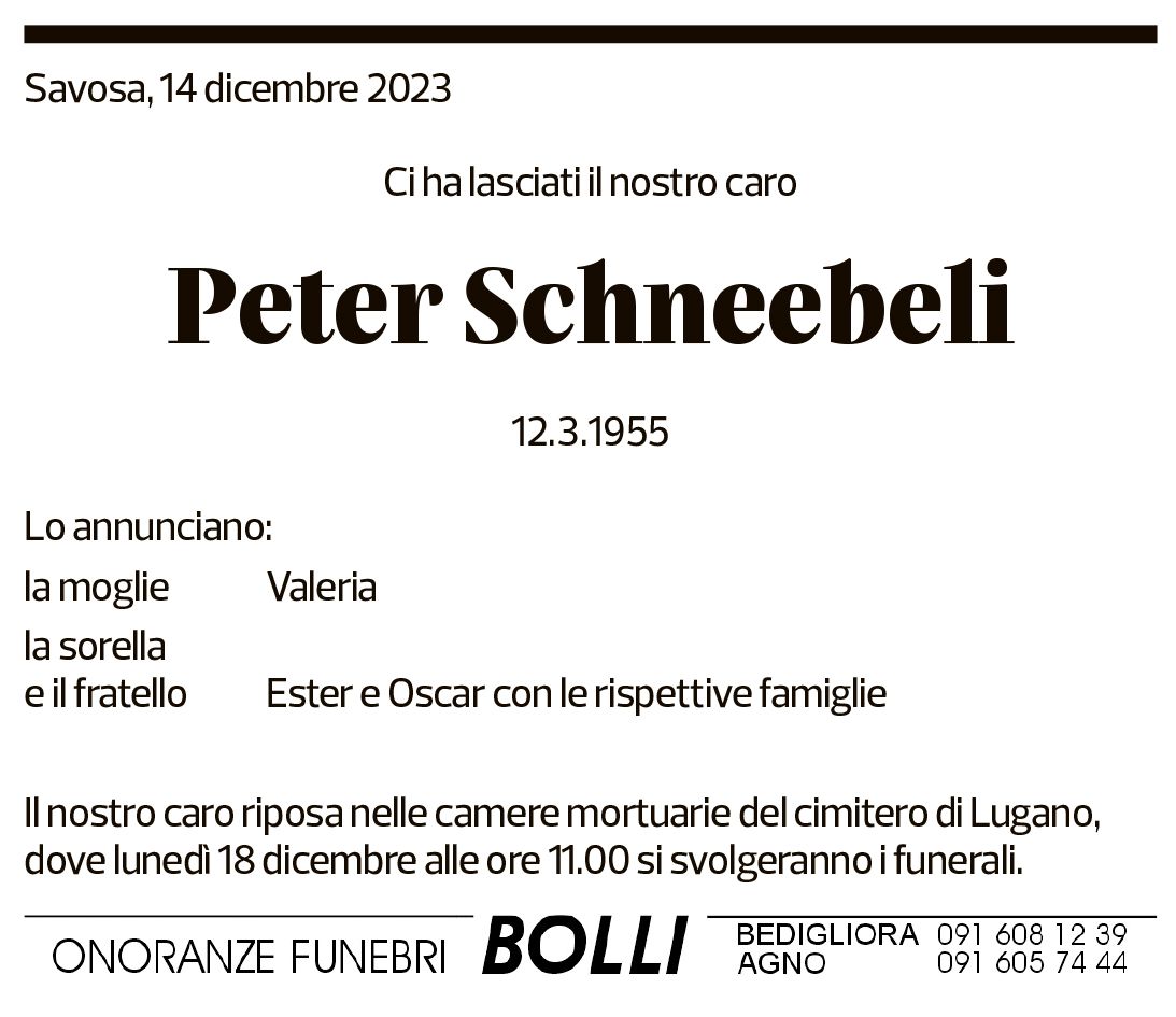 Annuncio funebre Peter Schneebeli