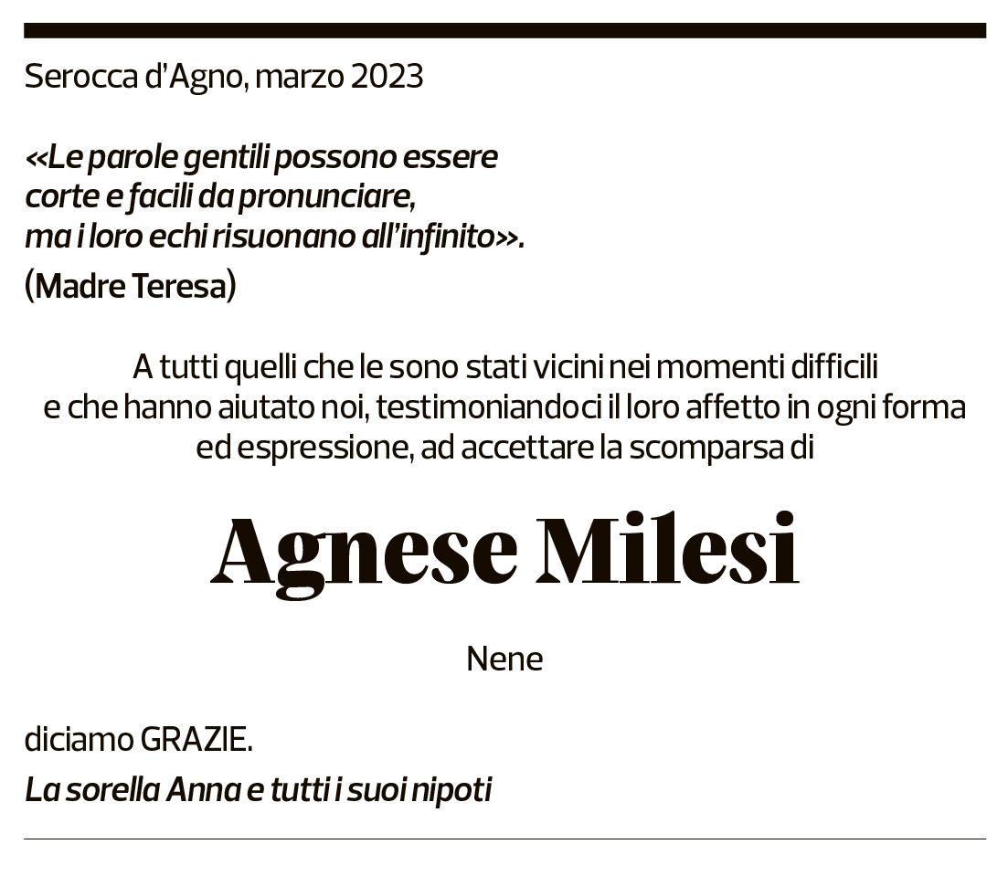 Annuncio funebre Agnese Milesi