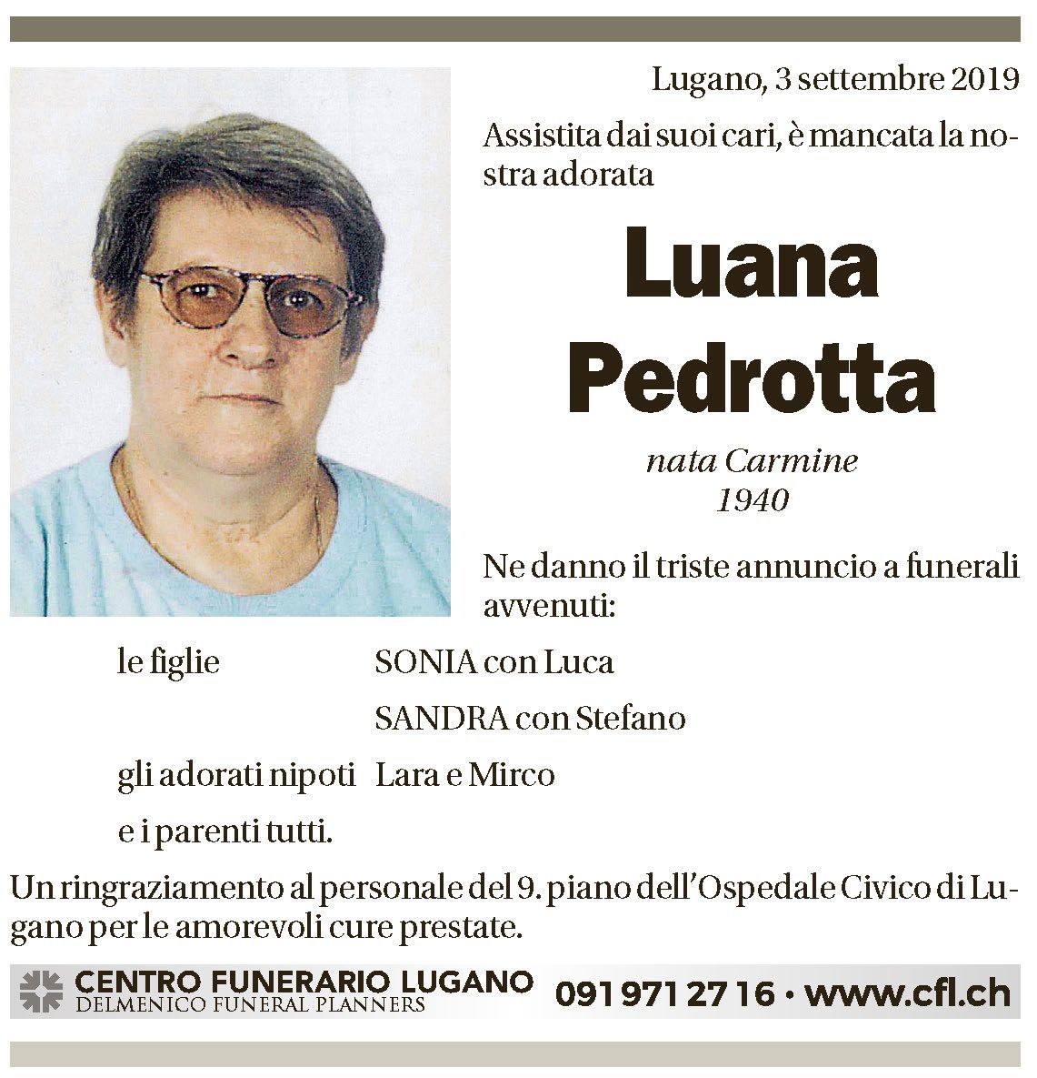 Annuncio funebre Luana Pedrotta