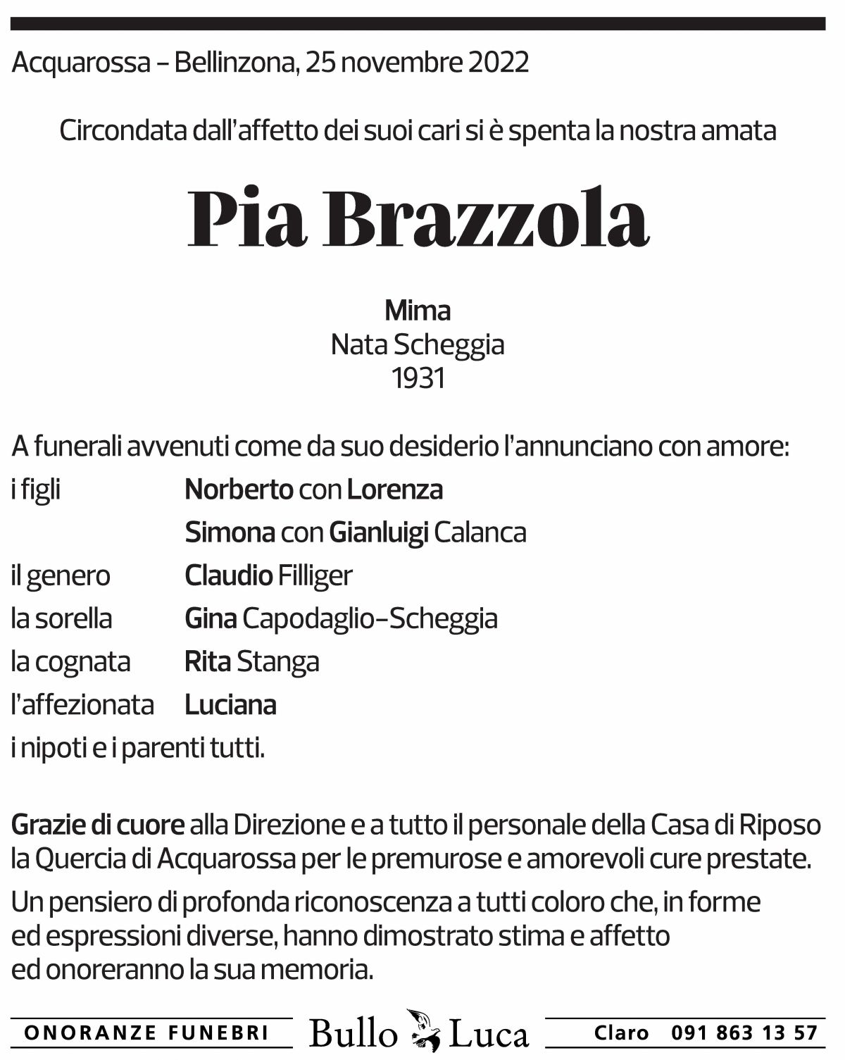 Annuncio funebre Pia Brazzola